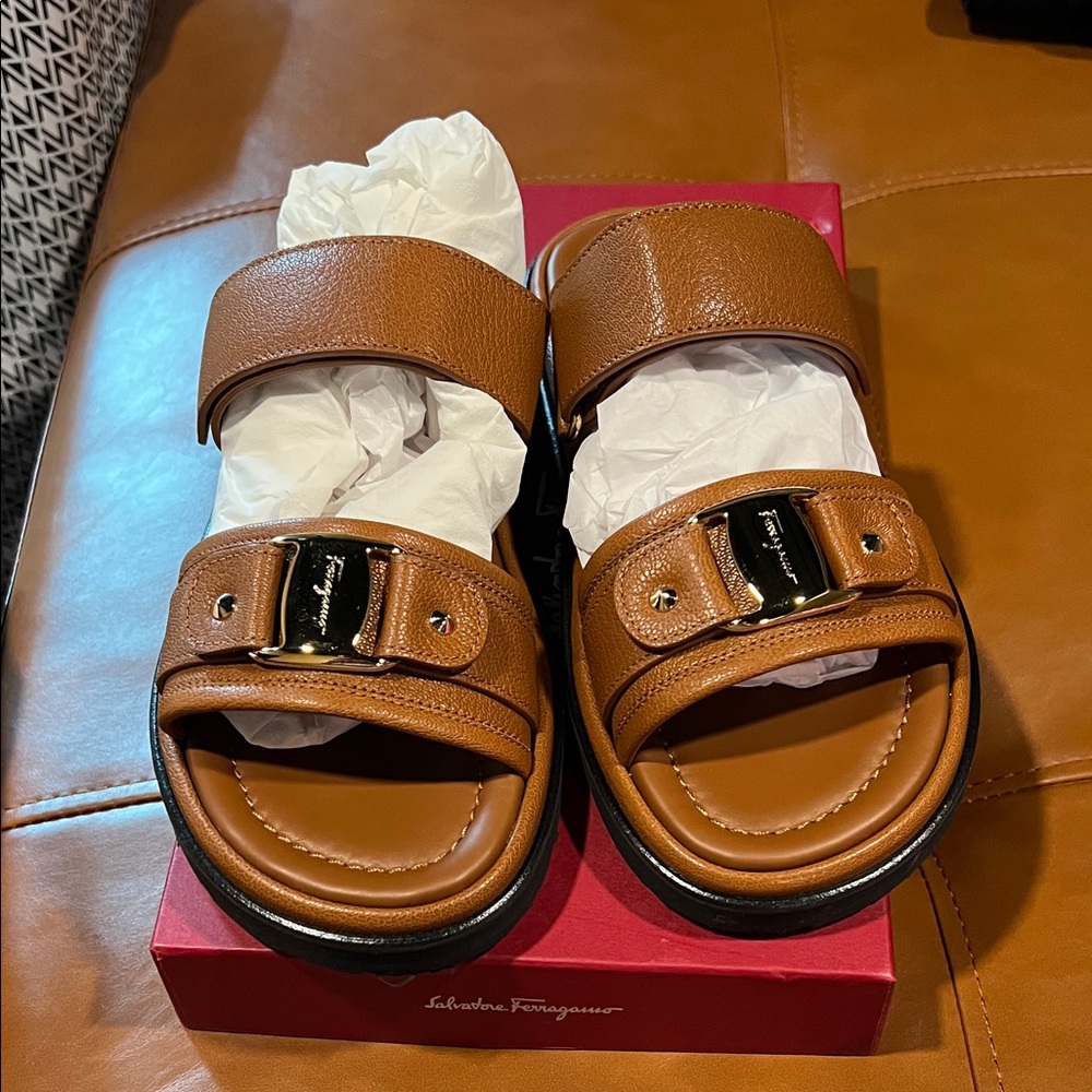 Salvatore Ferragamo Tan Leather Slides